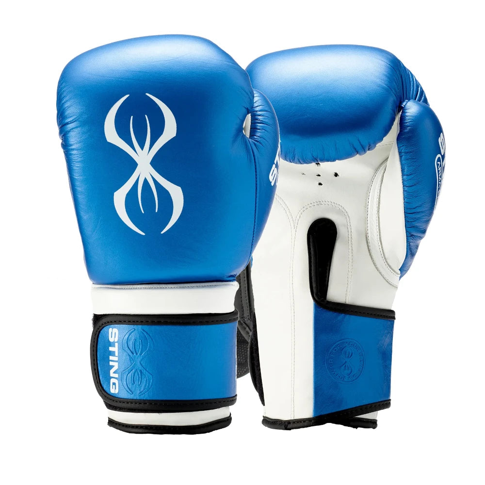 Blue and white Sting Sports Armapro boxing gloves with a brand logo on a white background