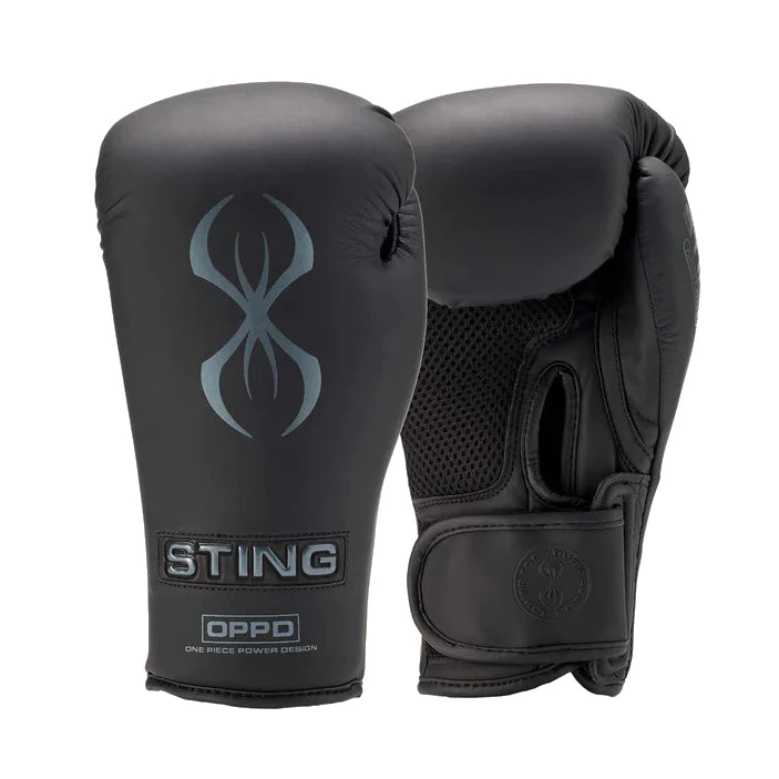 Black Sting Sports Armaone boxing gloves with Sting logo on a white background