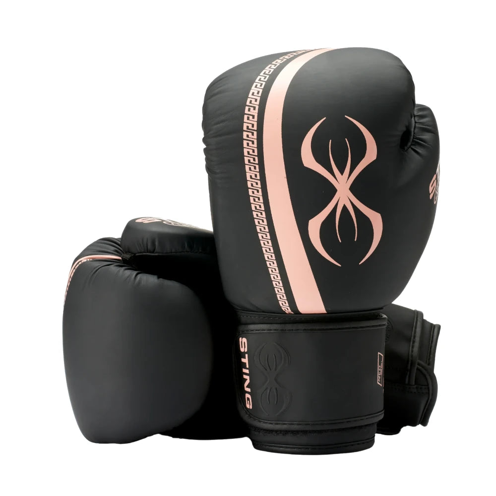 Black Sting Sports boxing gloves with pink accents on a white background