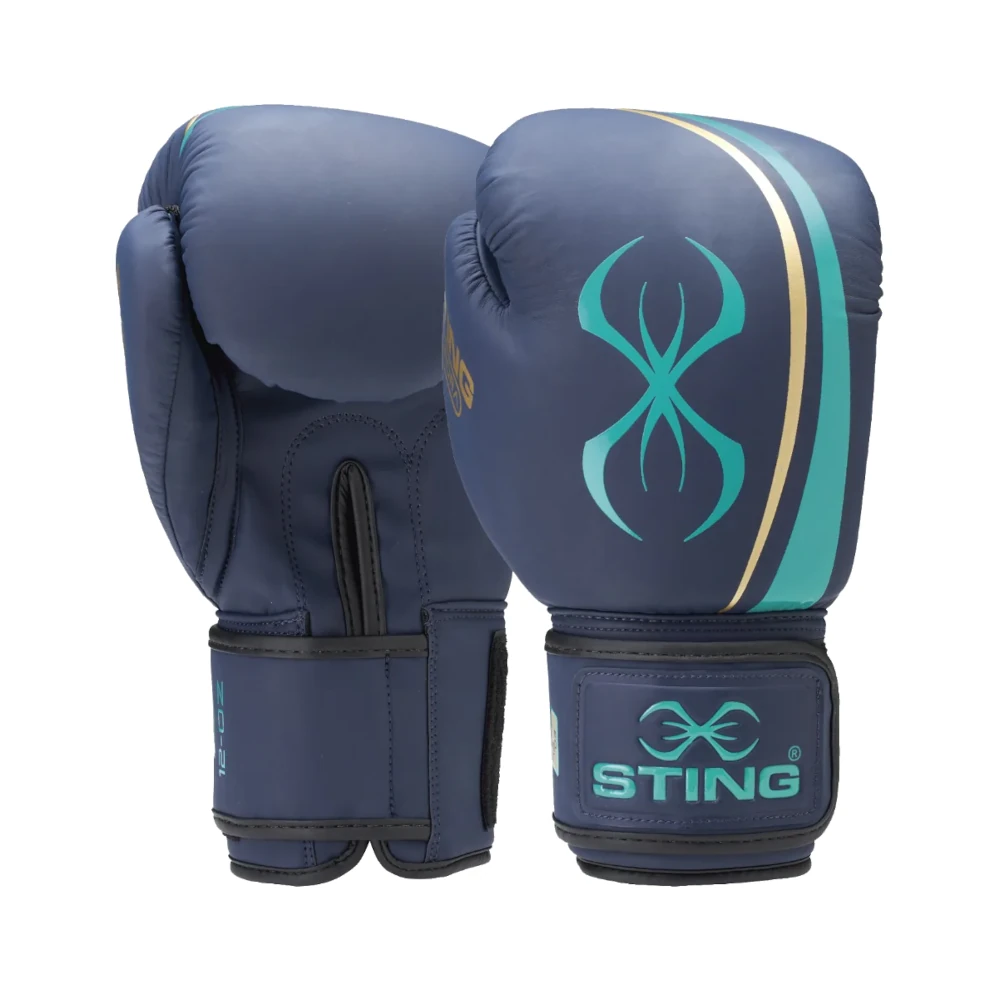 Pair of blue Sting Sports boxing gloves with a logo and brand name on a white background