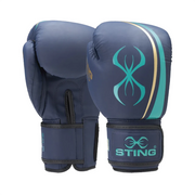 Pair of blue Sting Sports boxing gloves with a logo and brand name on a white background