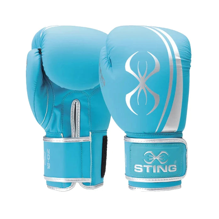 Pair of teal blue Sting Sports boxing gloves with white accents on a white background