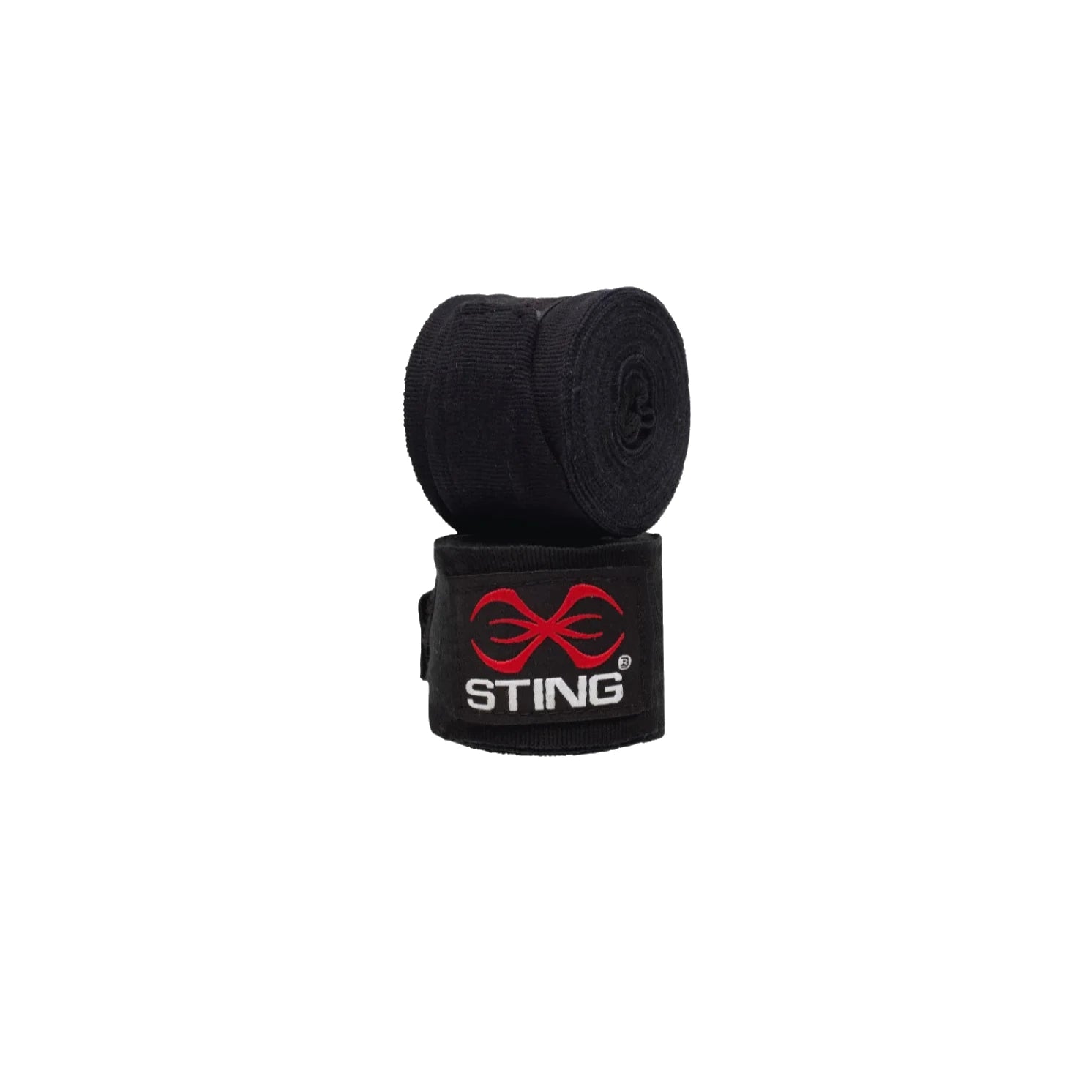 Black boxing hand wraps with Sting logo on a white background