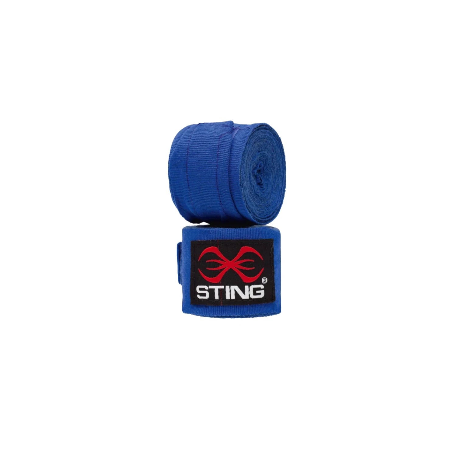 Blue boxing hand wraps with Sting logo on a white background