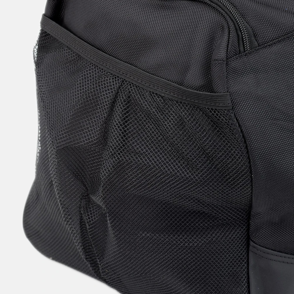 Close-up of a black duffel bag with a mesh side pocket on a white background