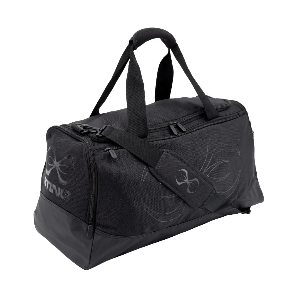 Black duffel bag with a Sting Sports logo on a white background
