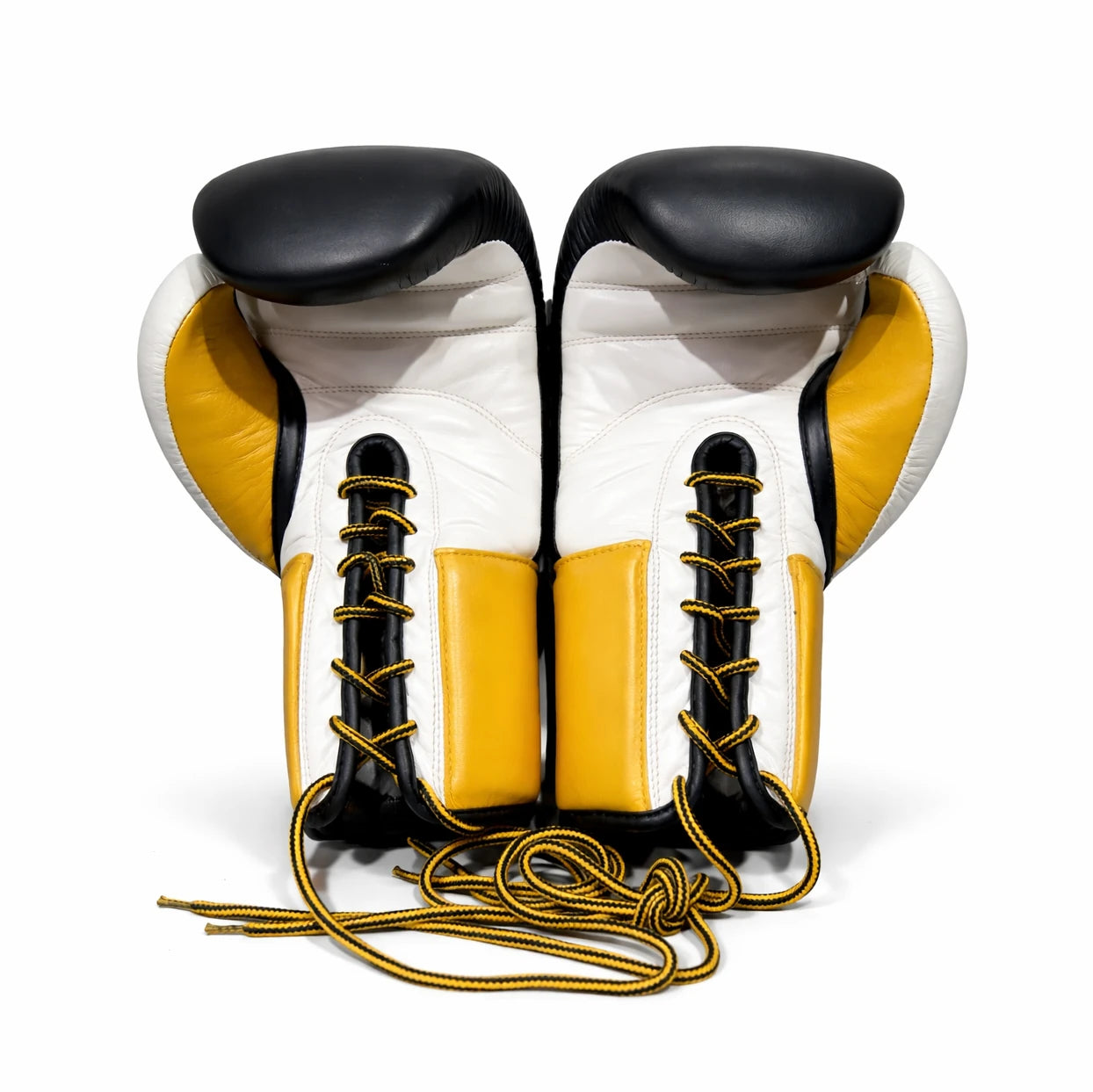 Pair of Sting Sport Evolution boxing gloves with black, white, and yellow design on a white background