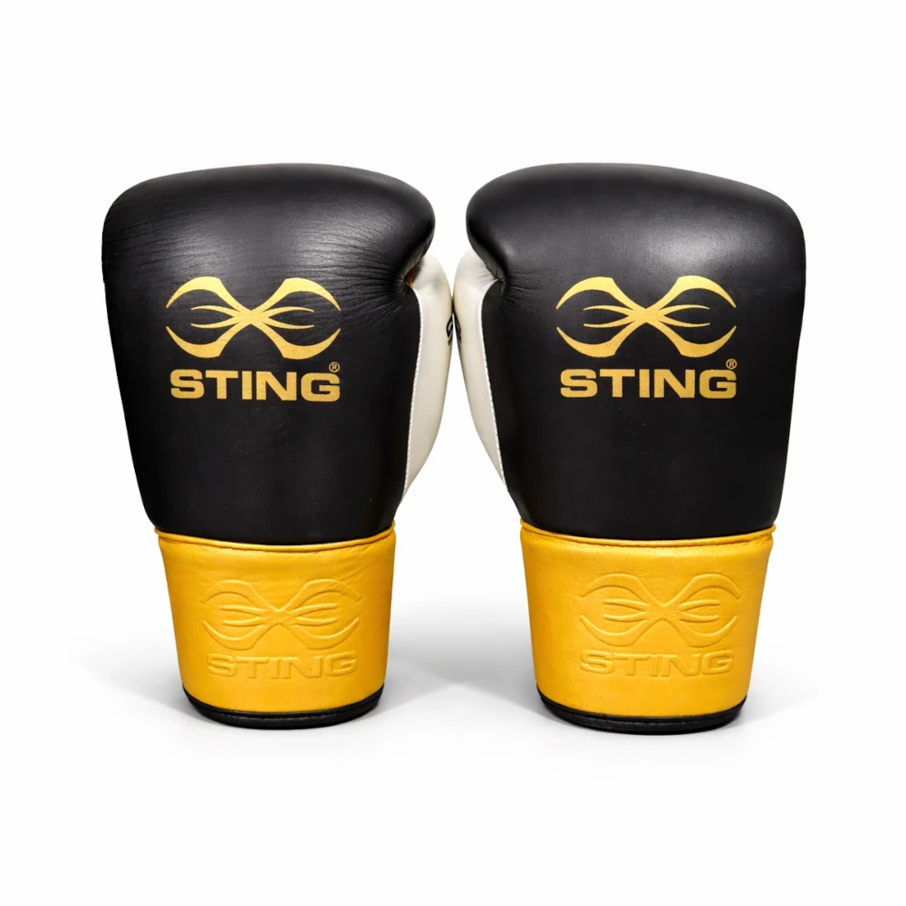 Pair of Sting Evolution black, yellow, and white boxing gloves with Sting logo on a white background