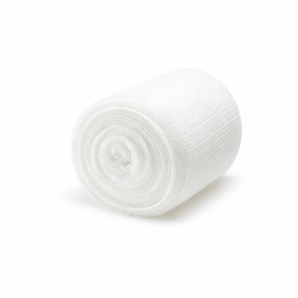 Rolled-up white gauze on a white background