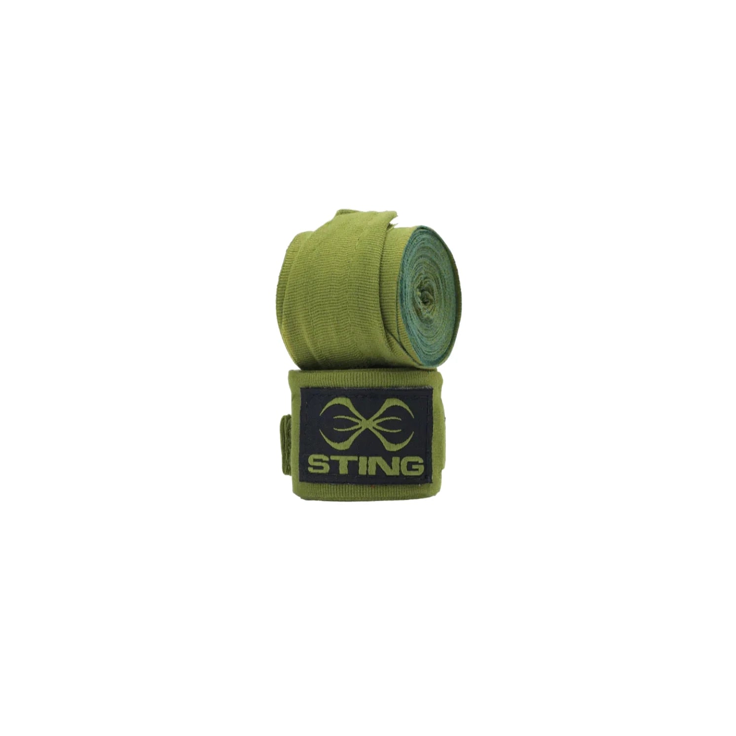 Roll of green boxing hand wraps with Sting logo on a white background