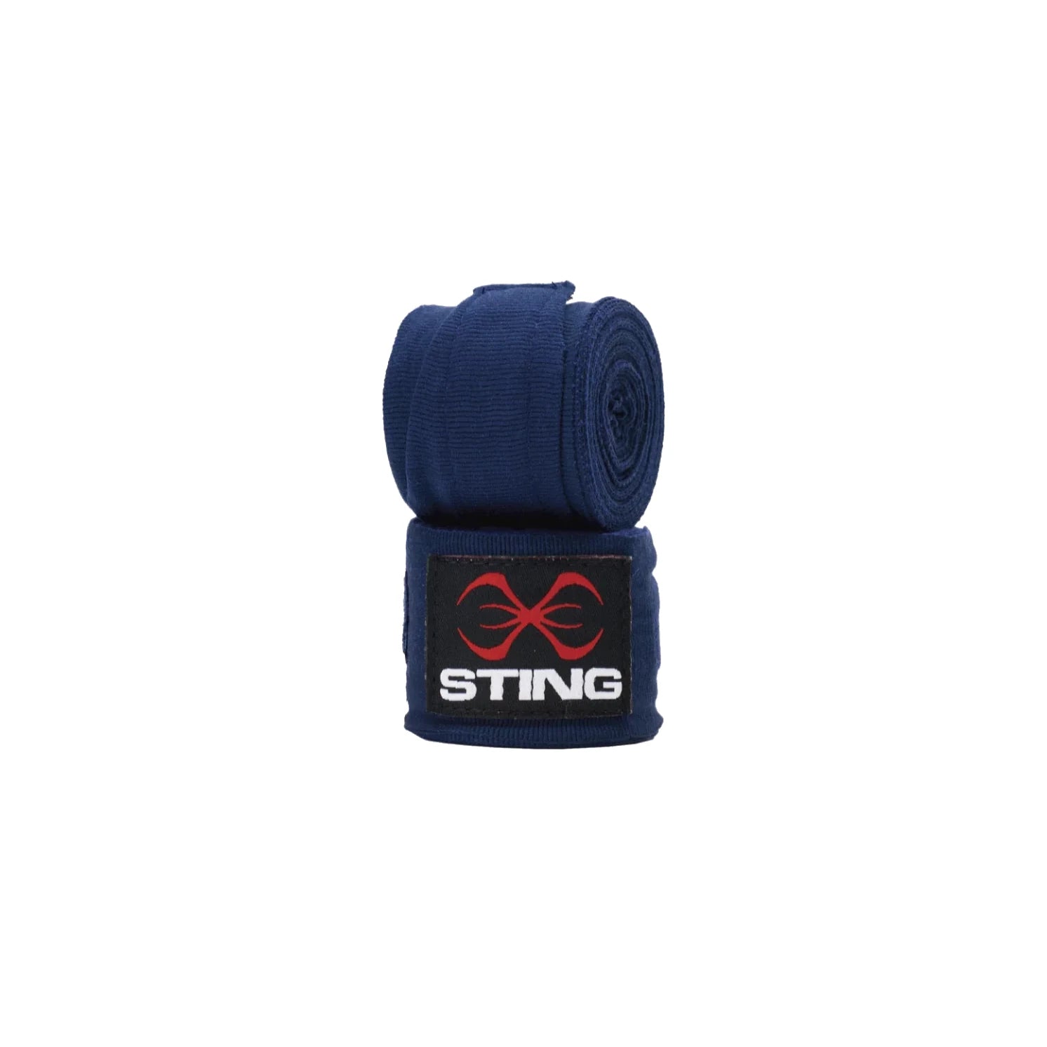 Navy blue boxing hand wraps with Sting logo on a white background