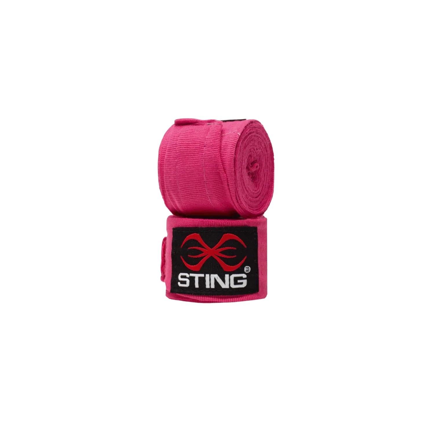 Pink boxing hand wraps with Sting logo on a white background