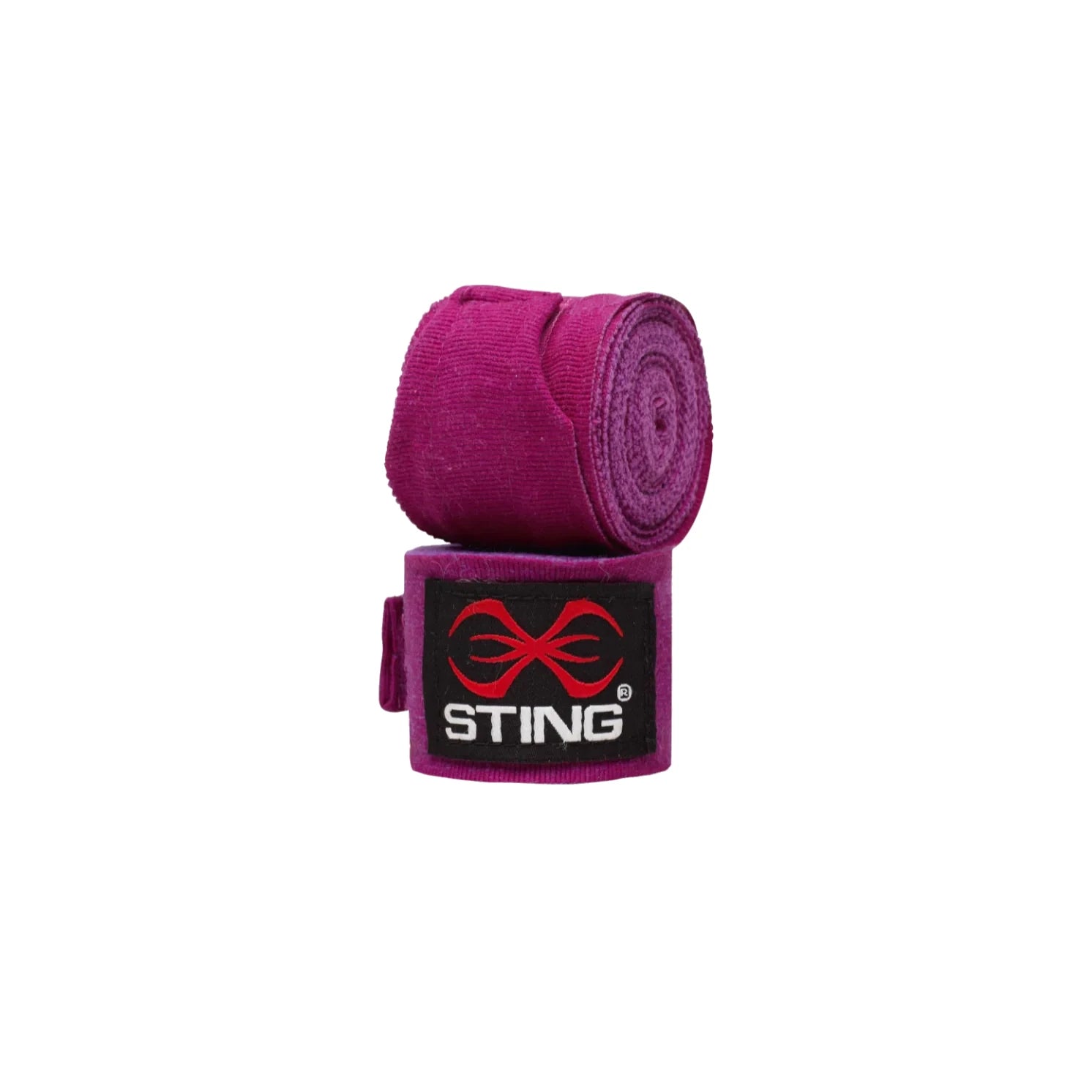 Purple boxing hand wraps with Sting logo on a white background