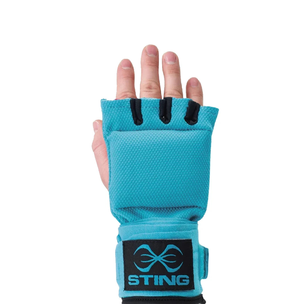 Turquoise wrist support Sting Sports quick wraps with black accents on a white background