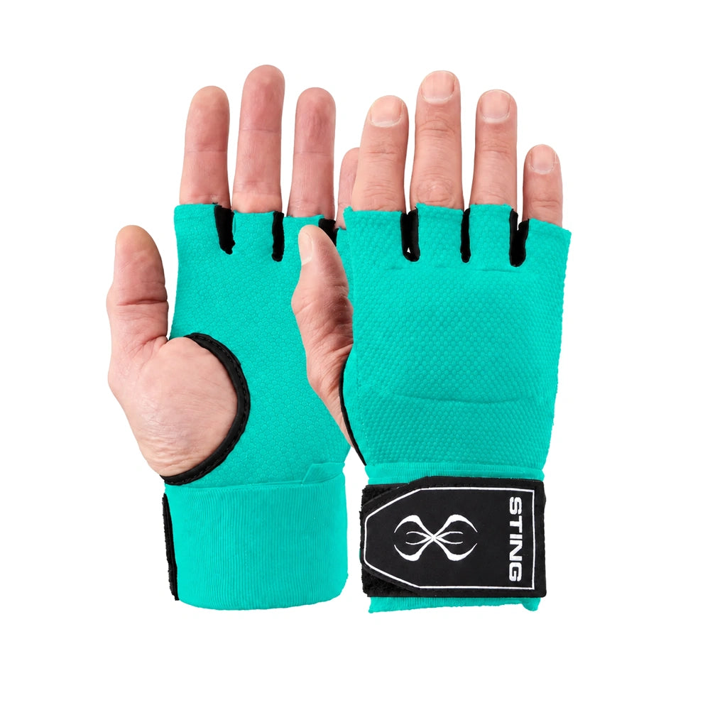 A pair of fingerless aqua green quick wraps with black trim and a black wrist strap featuring the brand name 'STING'. The gloves are shown on a person's hands against a solid white background.