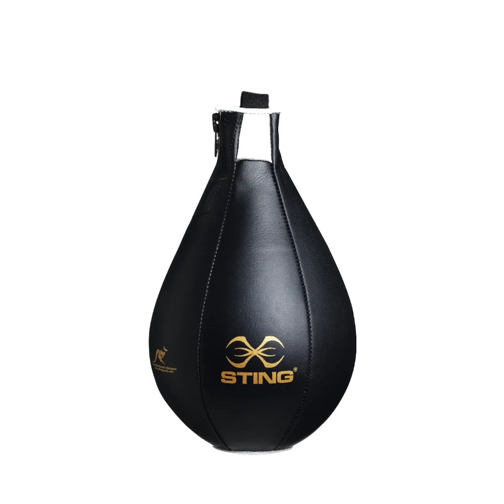 Black boxing speed bag with 'Sting' logo on a white background
