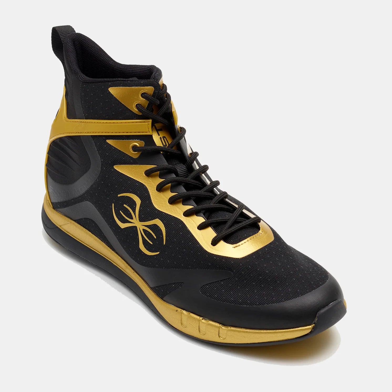Black and gold high-top sneaker with a Sting Sports logo on a white background