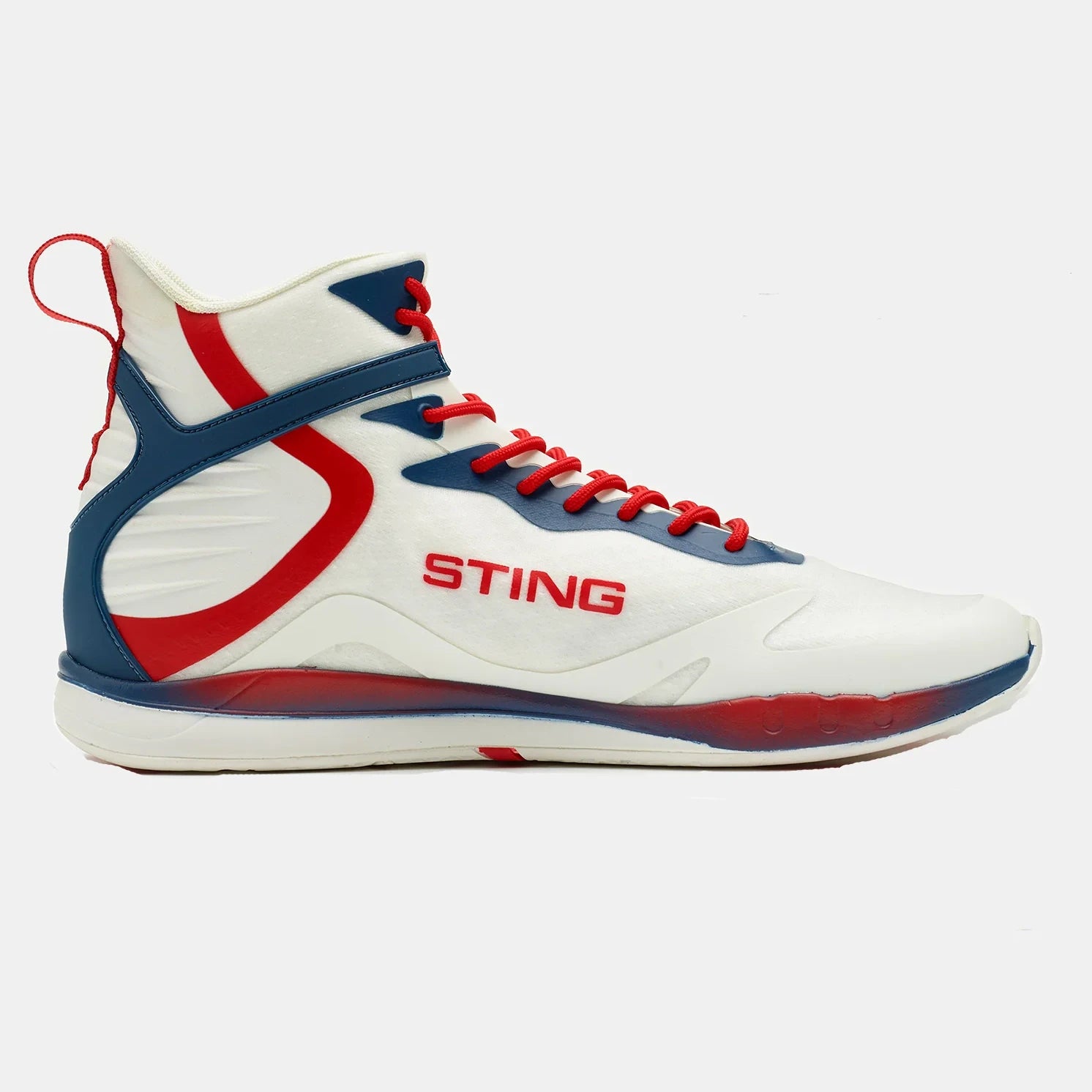 White high-top boxing shoe with red and blue accents on a white background