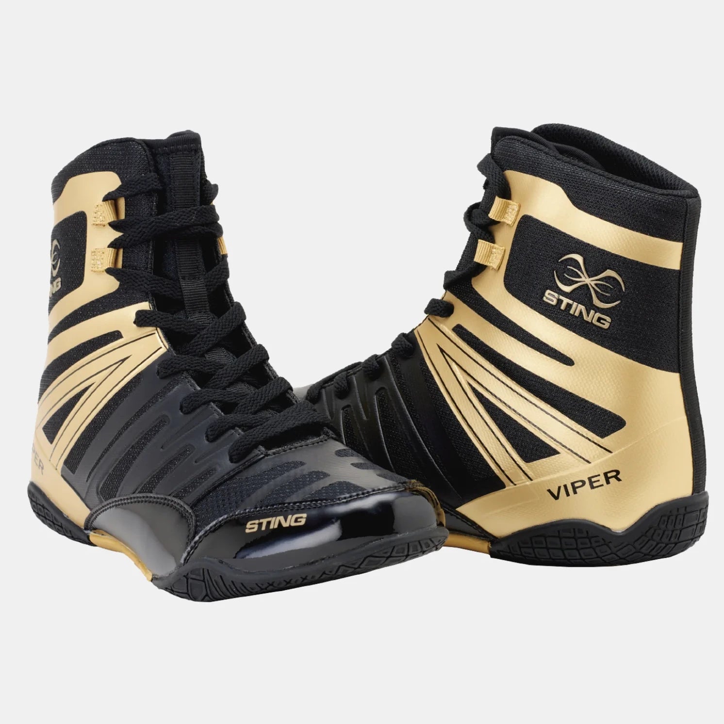 Black and gold viper boxingshoes with 'Sting' branding on a white background
