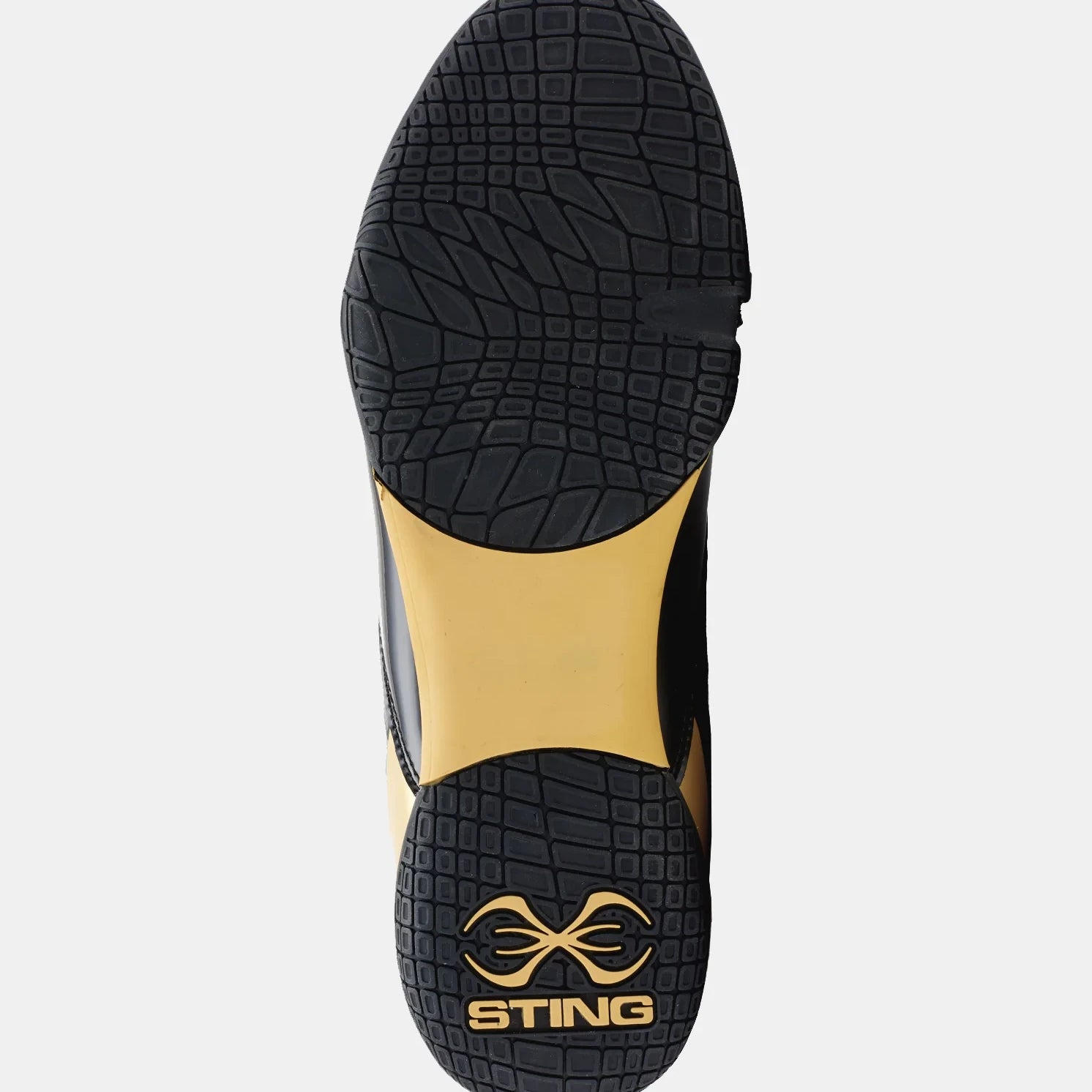 Close-up of a shoe sole with 'Sting' branding on a light gray background