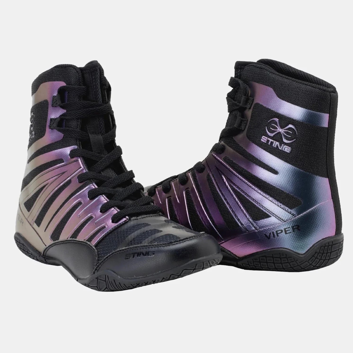 Pair of high-top boxing shoes with black and purple design on a white background