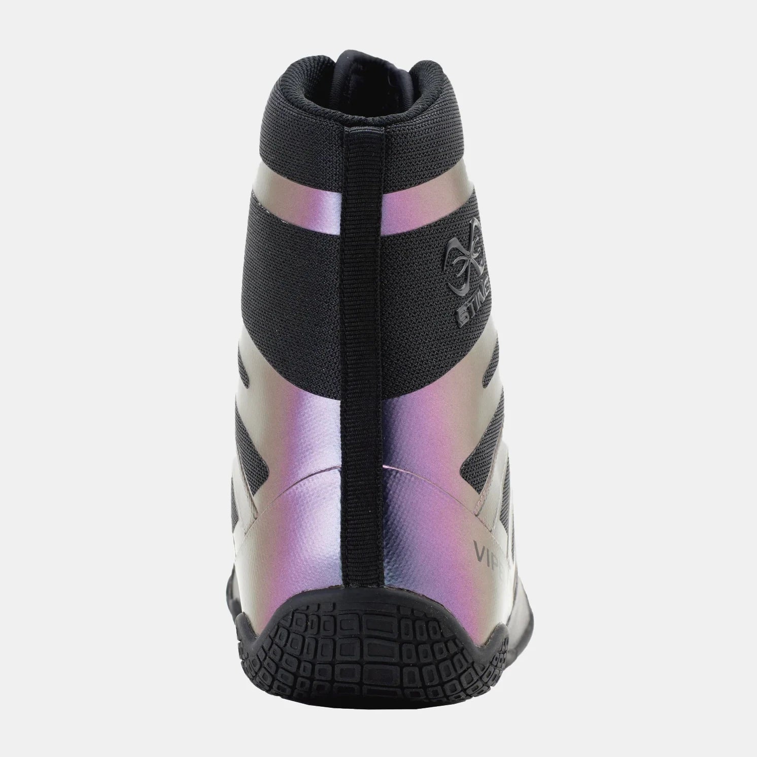 Black and iridescent high-top boxing sneaker on a white background