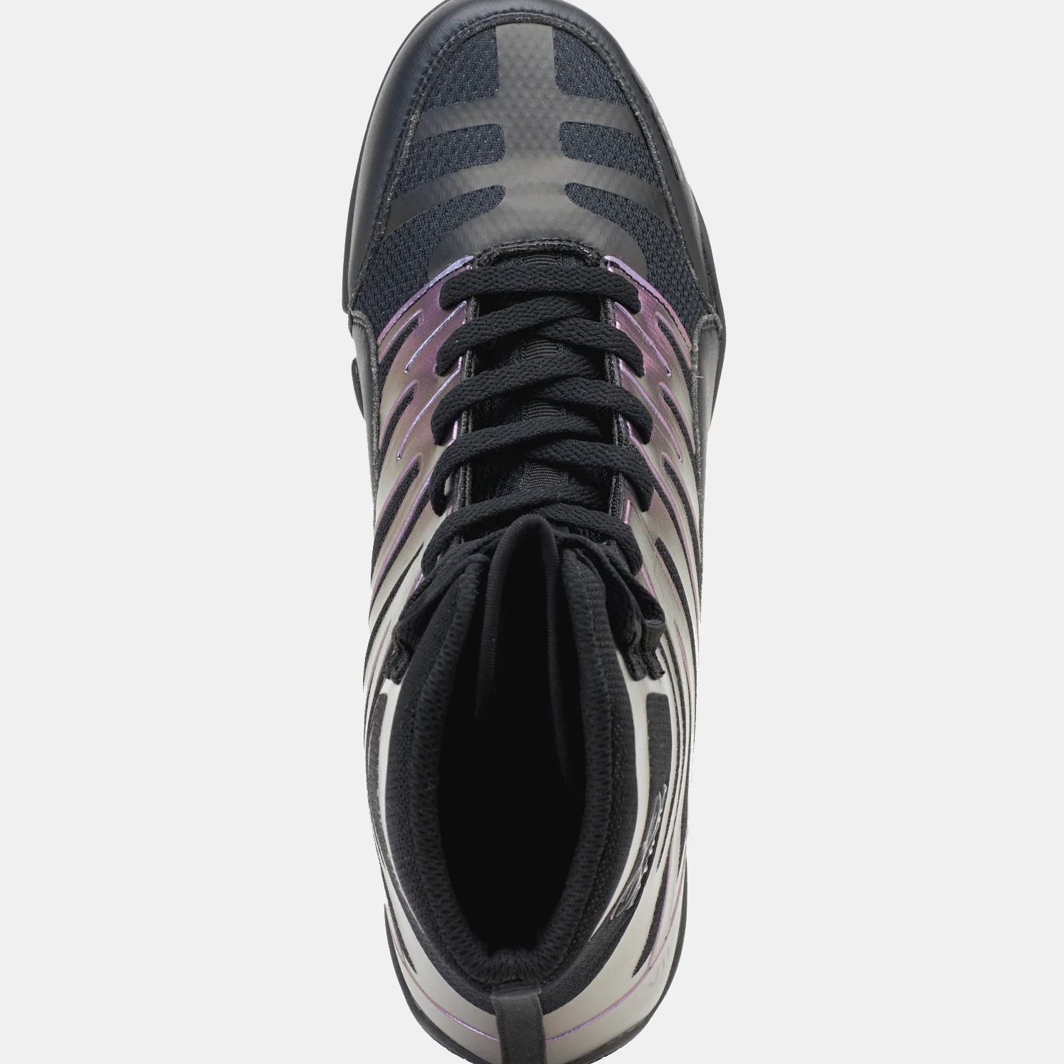 Birds eye view of a black and gray athletic boxing shoe with visible branding on a white background