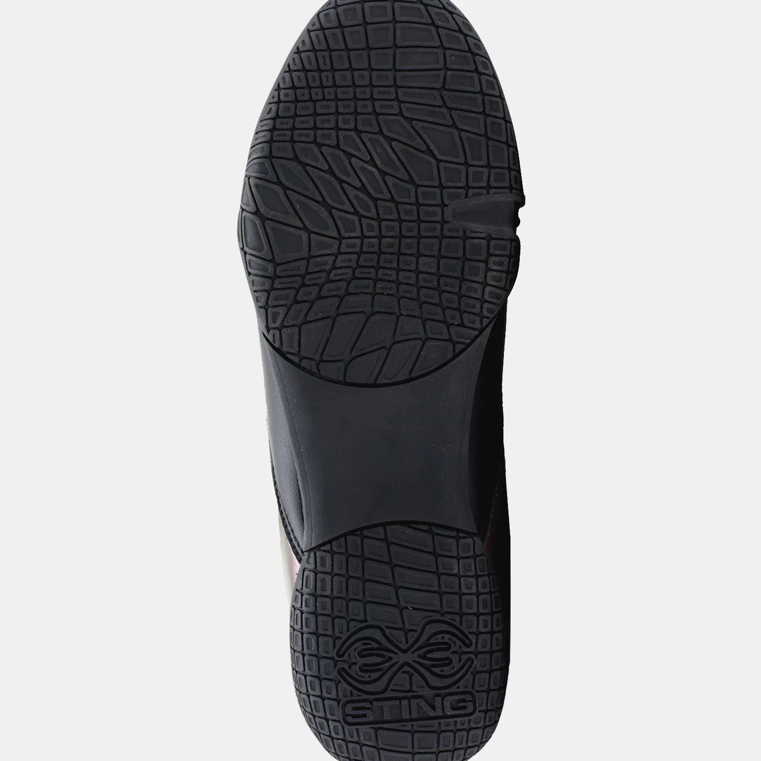 Black boxing shoe sole with tread pattern on a light gray background
