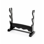 Black wooden freestanding sword display stand on a white background