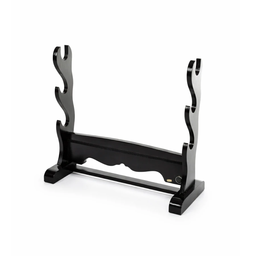 Black wooden freestanding sword display stand on a white background