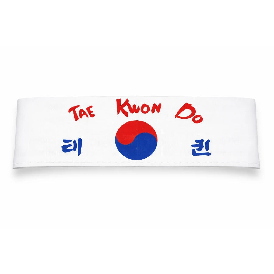 White headband with 'Tae Kwon Do' text and a red and blue circle logo on a white background