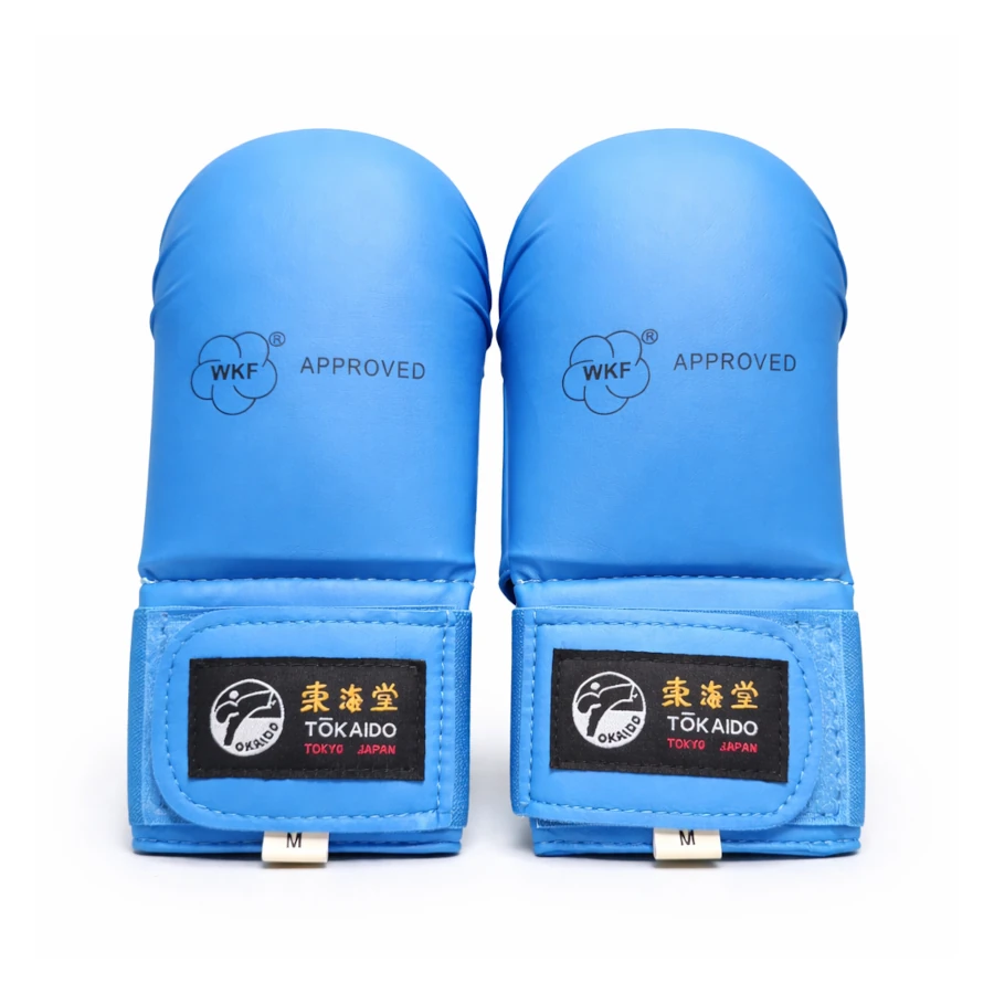 Pair of blue WKF approved martial arts gloves with Tokaido branding on a white background