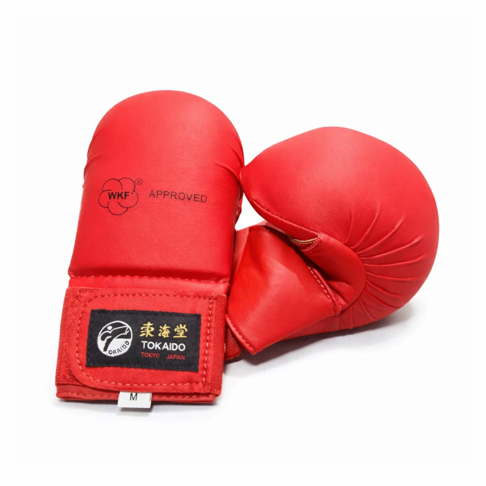 Red karate mitts with WKF and Tokaido logos on a white background