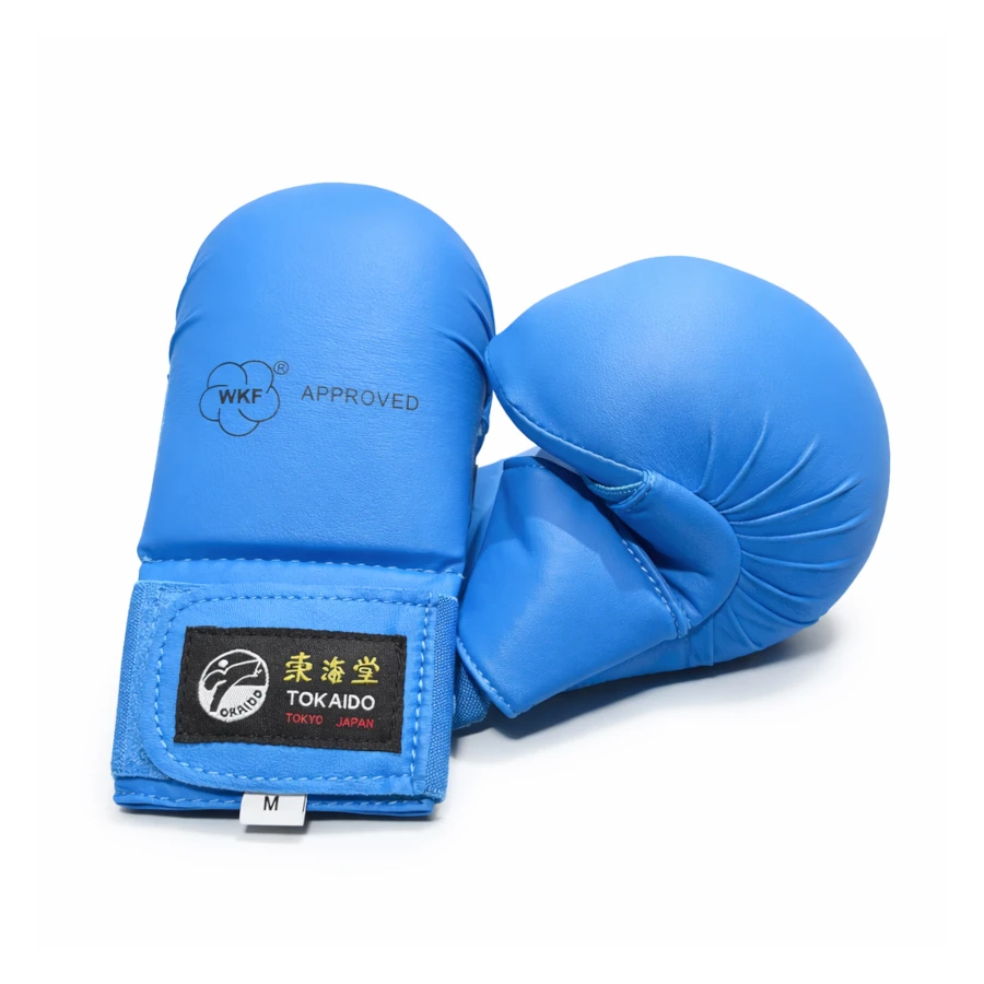 Blue karate gloves with WKF and Tokaido branding on a white background