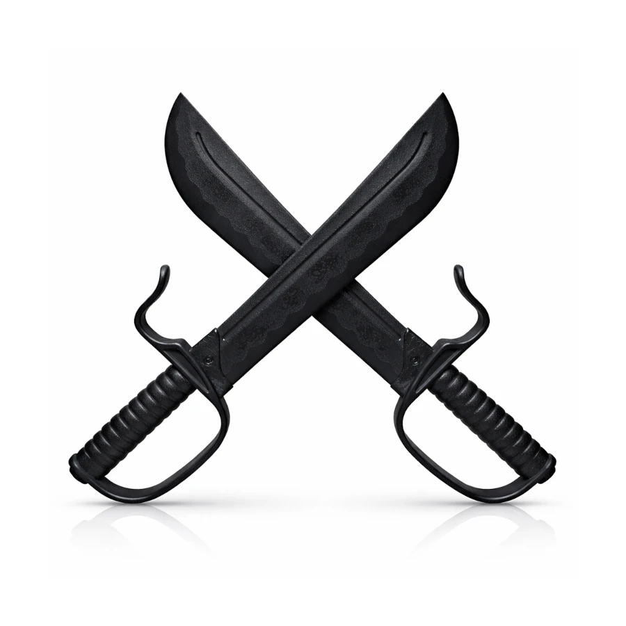 Two crossed black butterfly swords on a white background