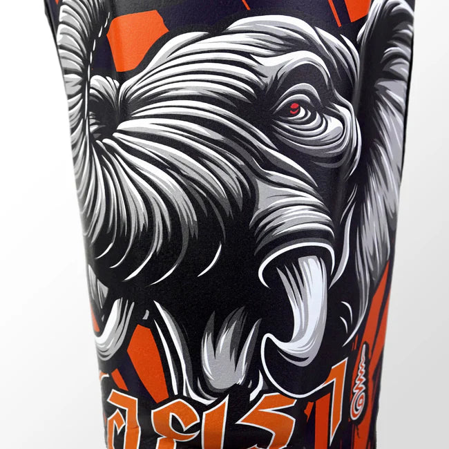 Close up of shin guard with a detailed elephant design and visible brand logo on a white background
