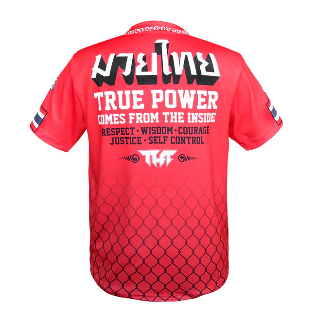 Red TUFF t-shirt with white text and graphics on a white background