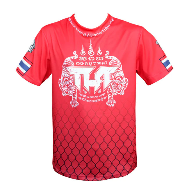Red TUFF t-shirt with white graphic design on a white background
