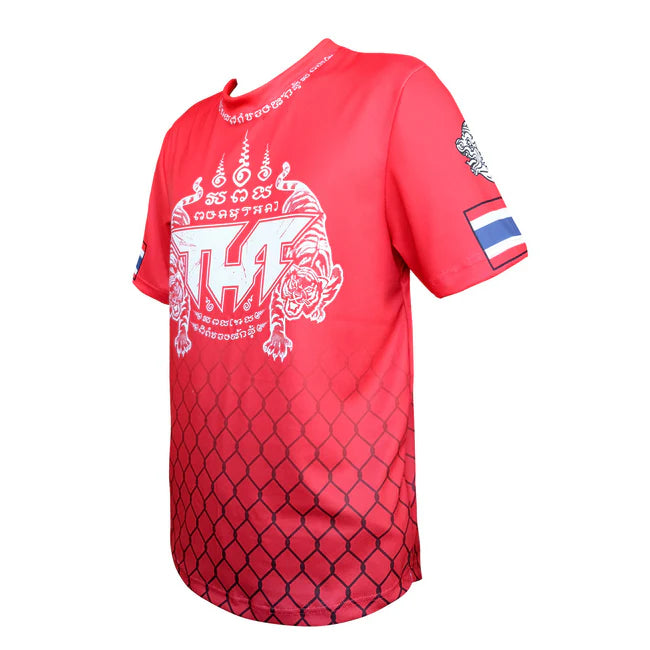Red TUFF t-shirt with white graphic design on a white background
