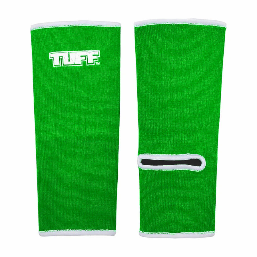 Green ankle sleeves with white accents and 'TUFF' branding on a white background