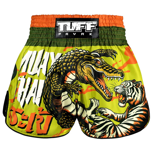 Colorful Muay Thai shorts with crocodile and tiger design on a white background