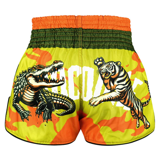 Colorful Thai shorts with a crocodile and tiger design on a white background