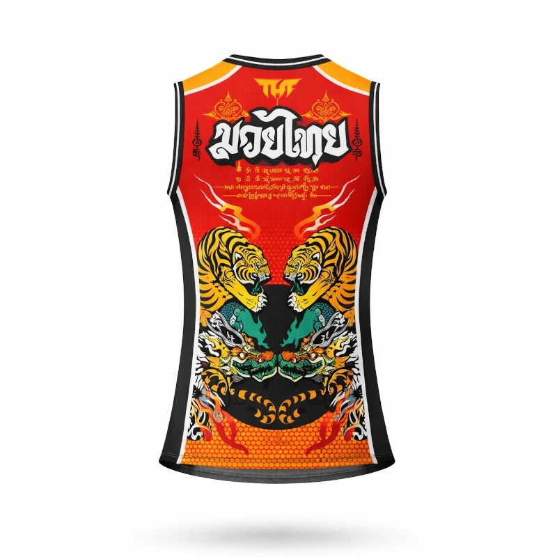 Sleeveless TUFF shirt with tiger design and colorful patterns on a white background