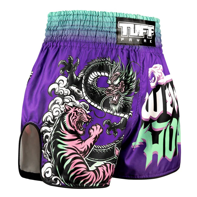Purple Thai shorts with dragon and tiger design and TUFF PAYAK branding.