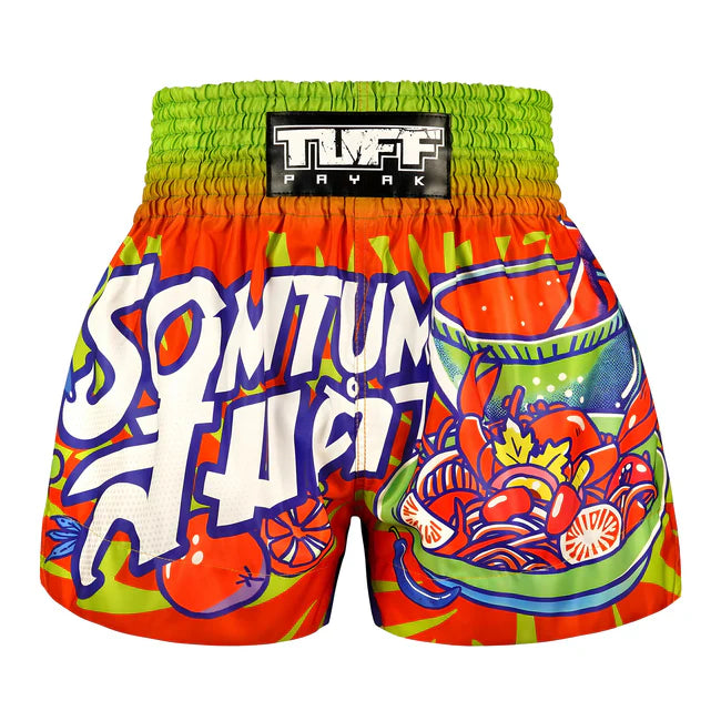 Colorful Thai boxing shorts with graphic designs and 'TUFF PAYAK' branding on a white background