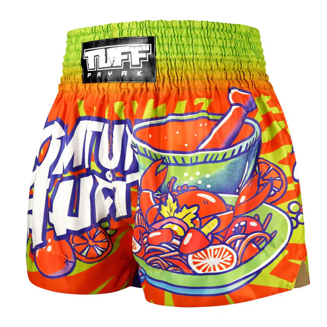 Colorful Thai boxing shorts with a design of a bowl of seafood and 'TUFF' branding on a white background.