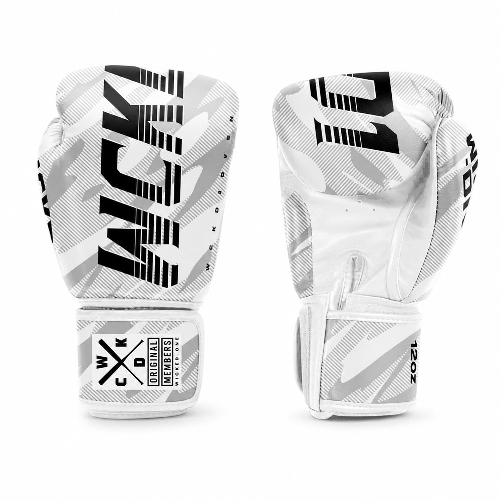 A pair of white and gray boxing gloves with bold black 'WICKD1' branding, shown from the back on a clean white background.