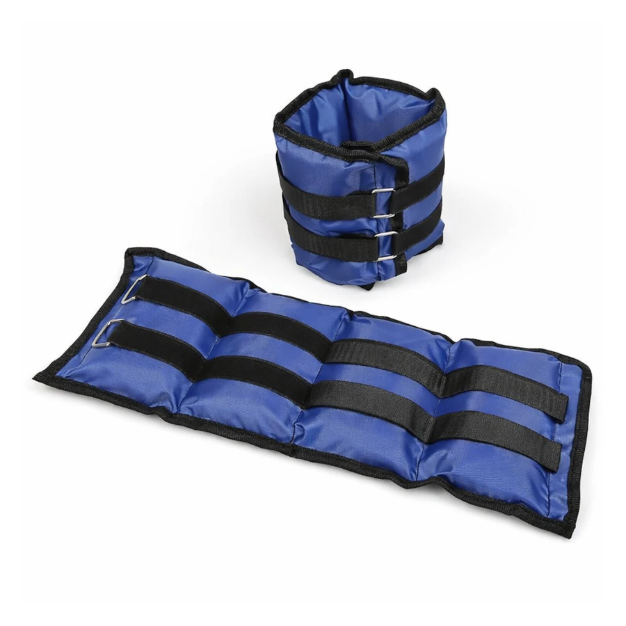 Blue and black ankle weights on a white background