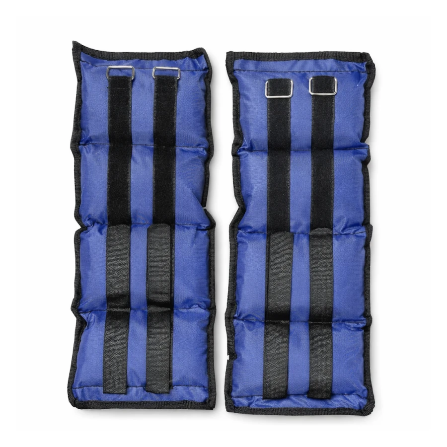Pair of blue ankle weights with black straps on a white background