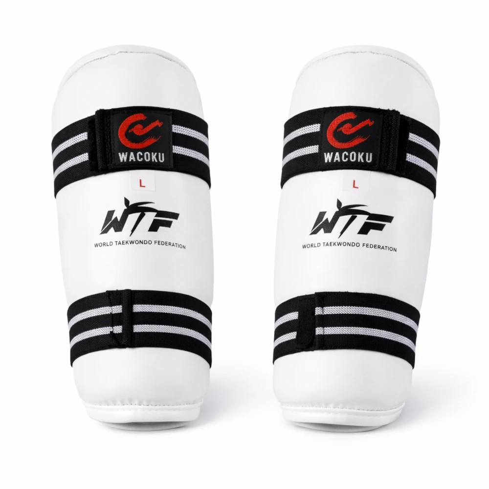 Pair of white arm guards with black straps and Wacoku branding on a white background